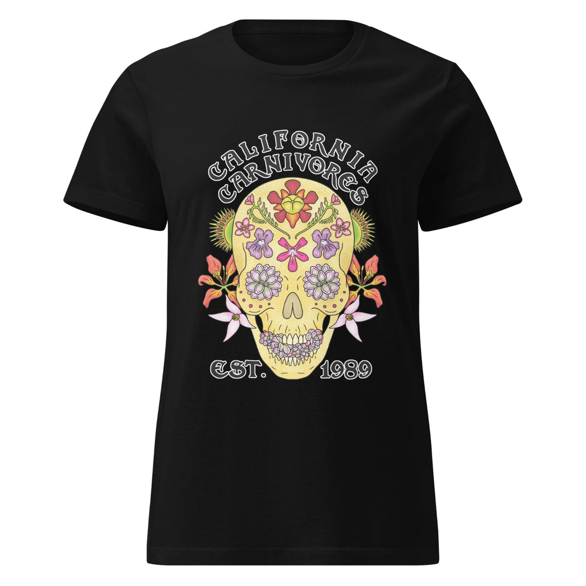 Black t-shirt with a colorful skull design and text on a white background