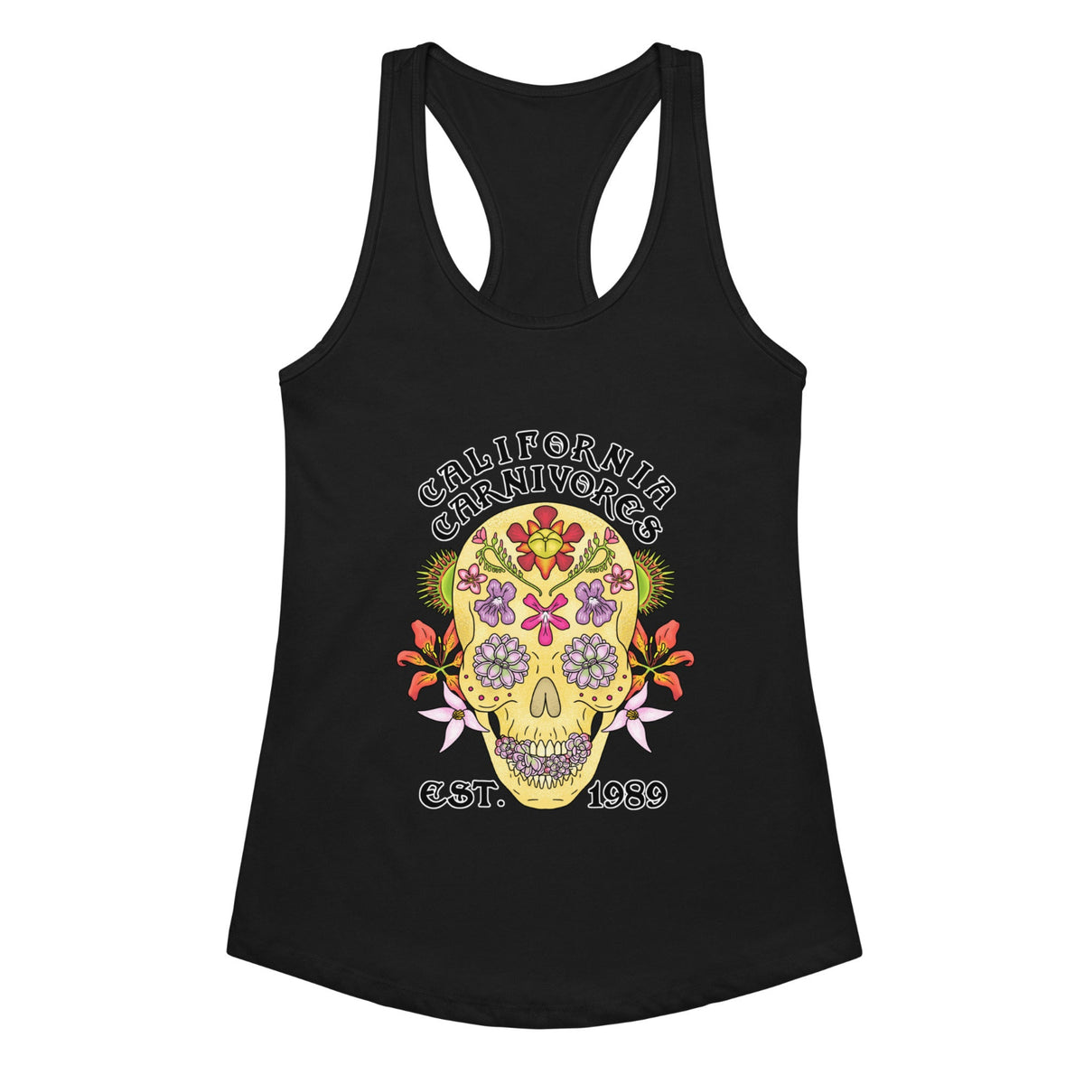 Black tank top with a colorful skull design and text on a white background