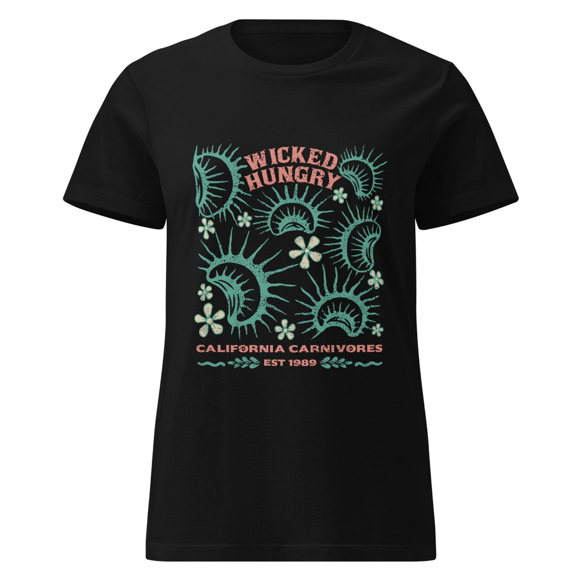 Black California Carnivores Womens t-shirt with Wicked Hungry in coral, in the upper middle, surrounded by wood block print style flytraps in teal. 