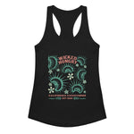 Black California Carnivores Womens tank top with Wicked Hungry in coral, in the upper middle, surrounded by wood block print style flytraps in teal. 
