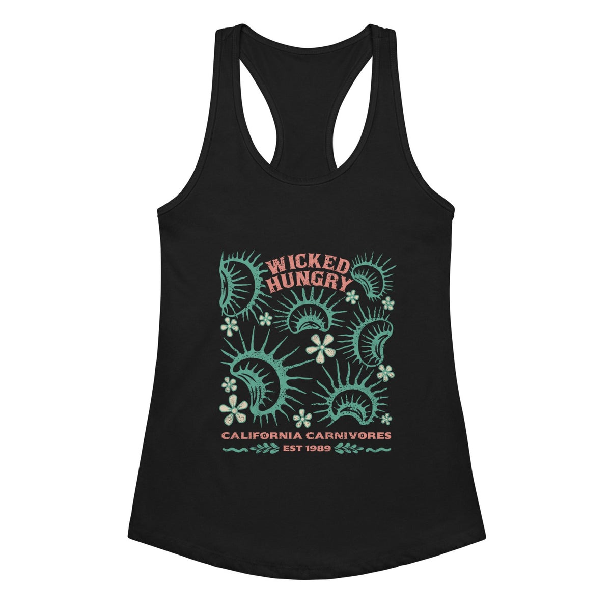 Black California Carnivores Womens tank top with Wicked Hungry in coral, in the upper middle, surrounded by wood block print style flytraps in teal. 