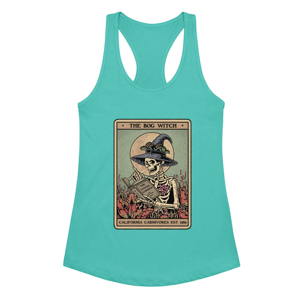 Turquoise tank top with a skeleton wearing a witch hat and reading a book design on a white background.