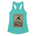 Turquoise tank top with a skeleton wearing a witch hat and reading a book design on a white background.
