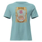 Light blue t-shirt with a graphic design featuring flowers and text on a white background