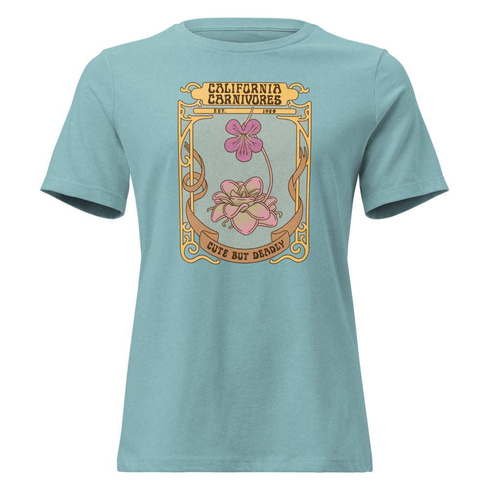 Light blue t-shirt with a graphic design featuring flowers and text on a white background