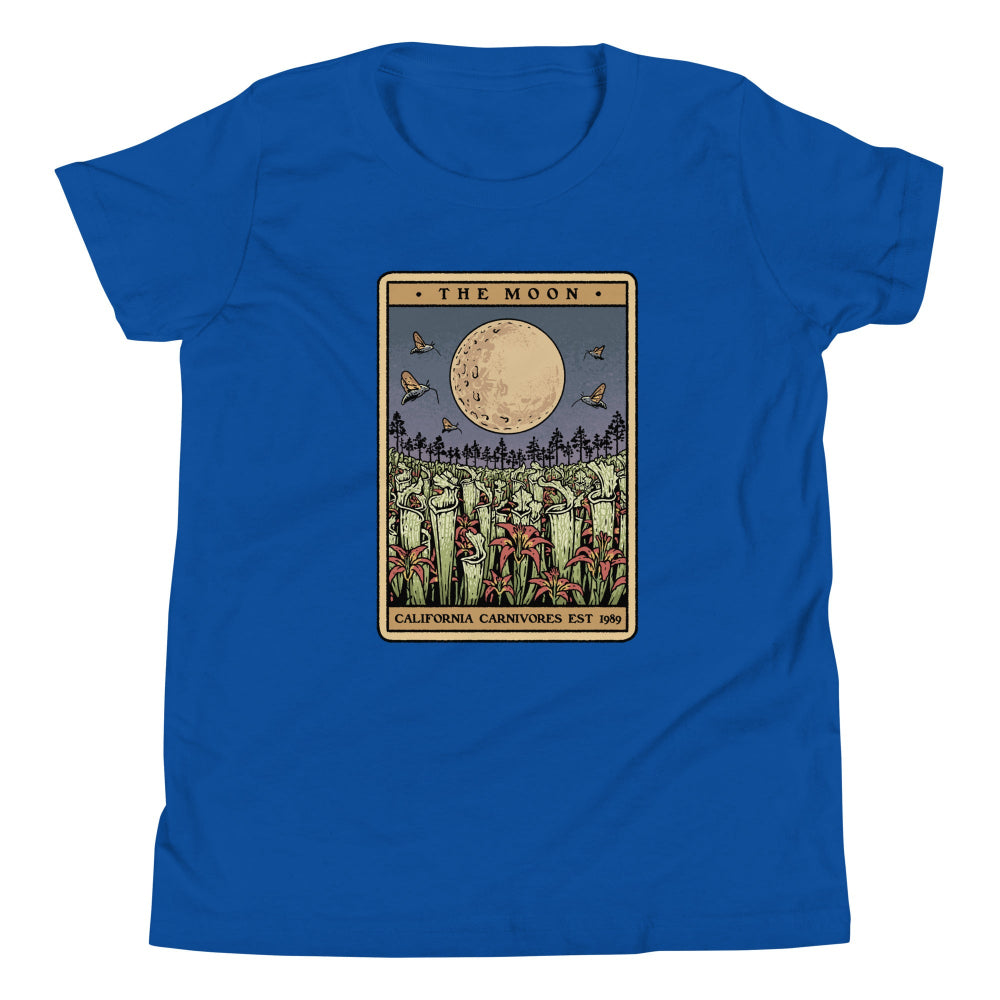 Blue t-shirt with 'The Moon' tarot card design on a white background
