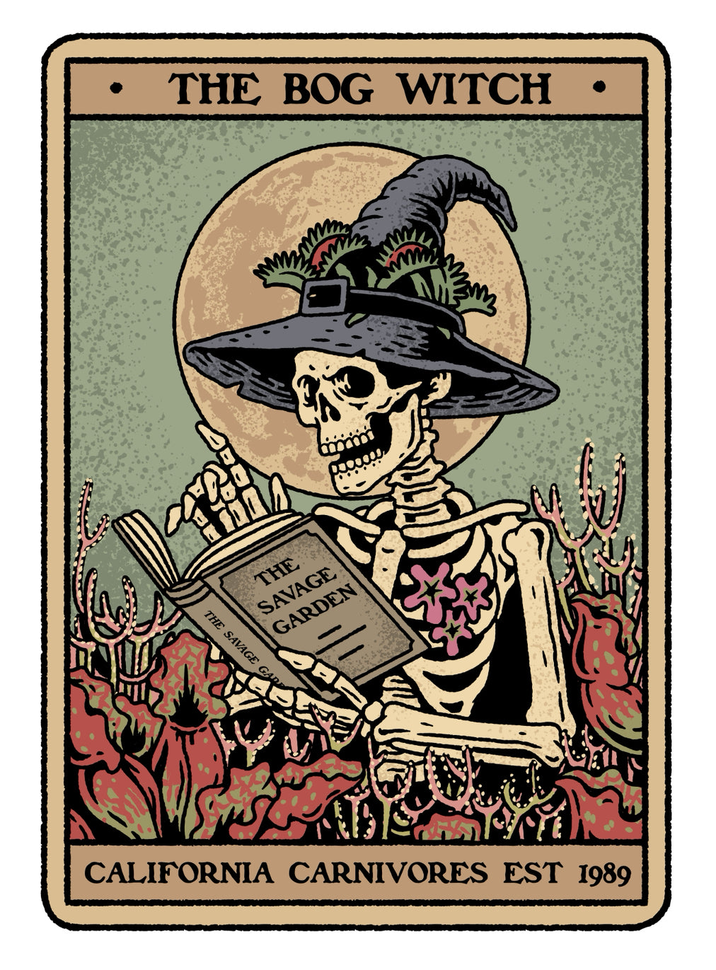 Skeletal figure in a witch hat reading 'The Savage Garden' with a moon in the background, featuring the text 'The Bog Witch' and 'California Carnivores Est. 1989'.