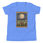 Blue t-shirt with 'The Moon' tarot card design on a white background