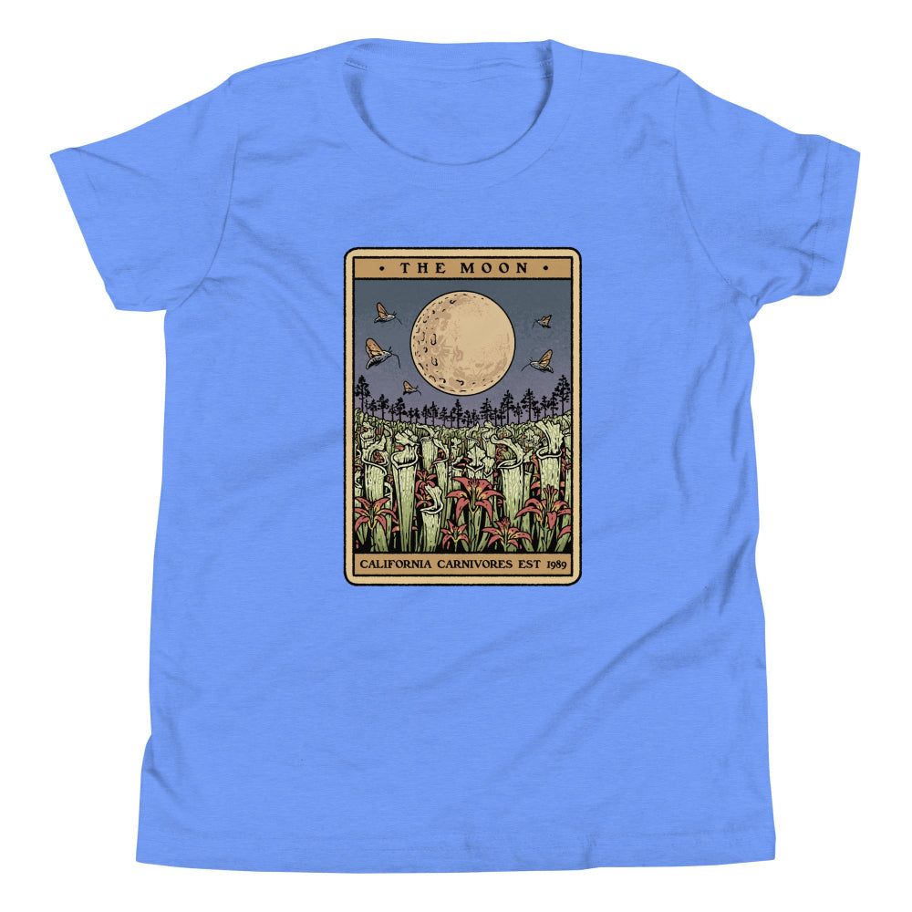 Blue t-shirt with 'The Moon' tarot card design on a white background
