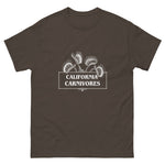 Brown t-shirt with 'California Carnivores' graphic on a white background