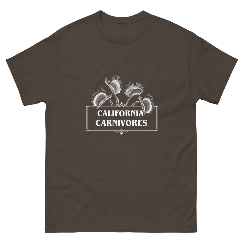 Brown t-shirt with 'California Carnivores' graphic on a white background