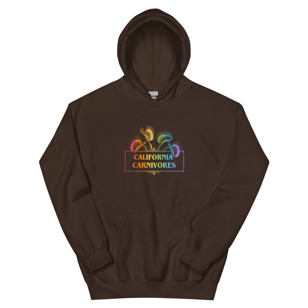 Brown hoodie with 'California Carnivores' logo on a white background