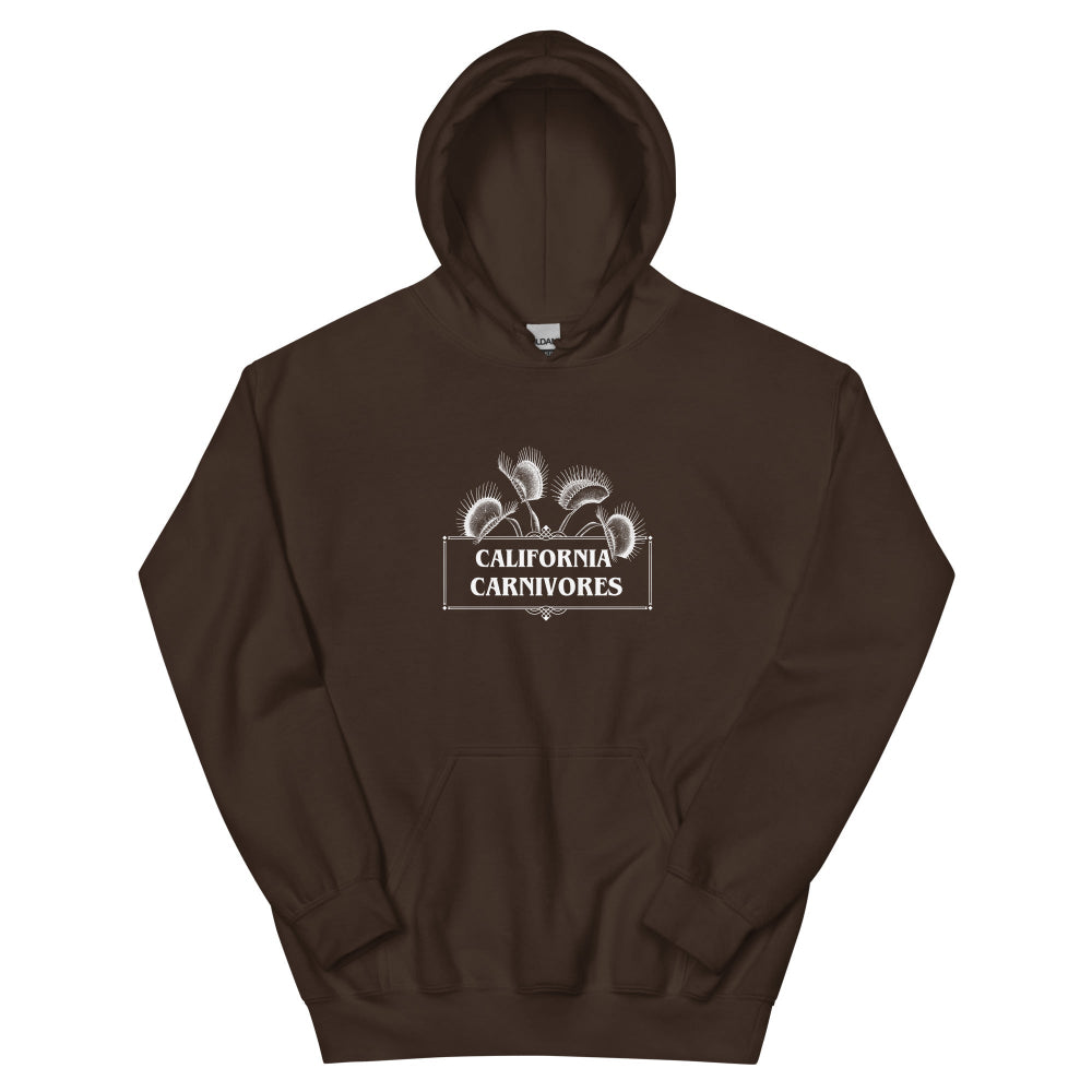 Brown hoodie with text and California Carnivores logo on a white background