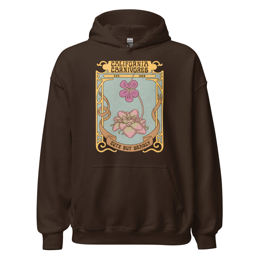 Brown hoodie with a graphic design on a white background