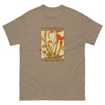 Brown t-shirt with carnivorous plant graphic and text on a white background