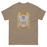 Brown t-shirt with a graphic design of flowers and text on a white background