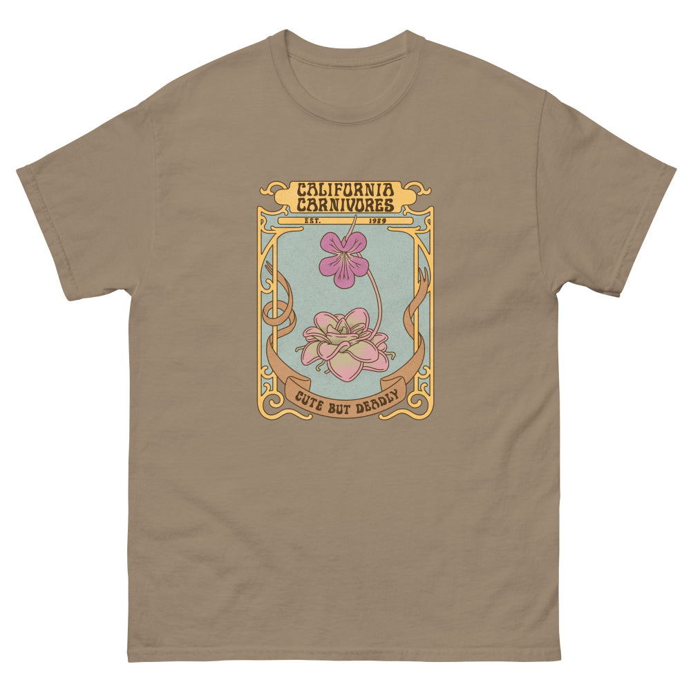 Brown t-shirt with a graphic design of flowers and text on a white background