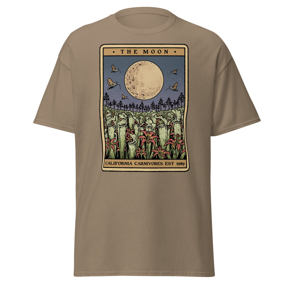 Brown t-shirt with a graphic design of 'The Moon' from California Carnivores on a white background
