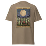 Brown t-shirt with a graphic design of 'The Moon' from California Carnivores on a white background