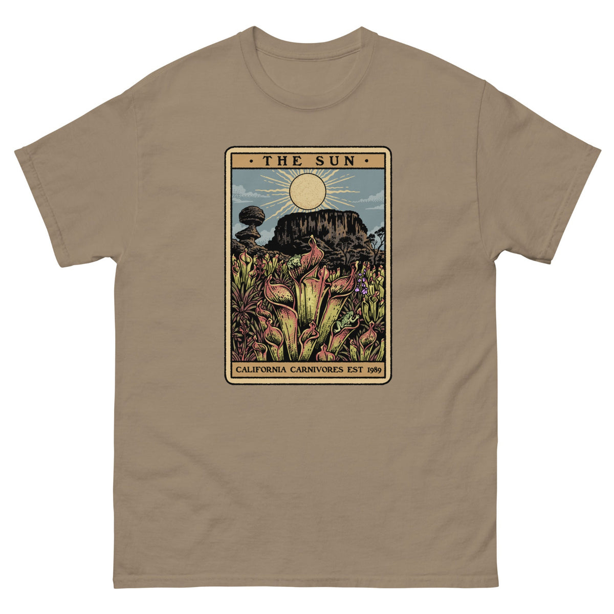 Brown Savanna t-shirt with a graphic design of Heliamphora as the Sun tarot card