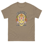 Brown t-shirt with a colorful skull design and text on a white background