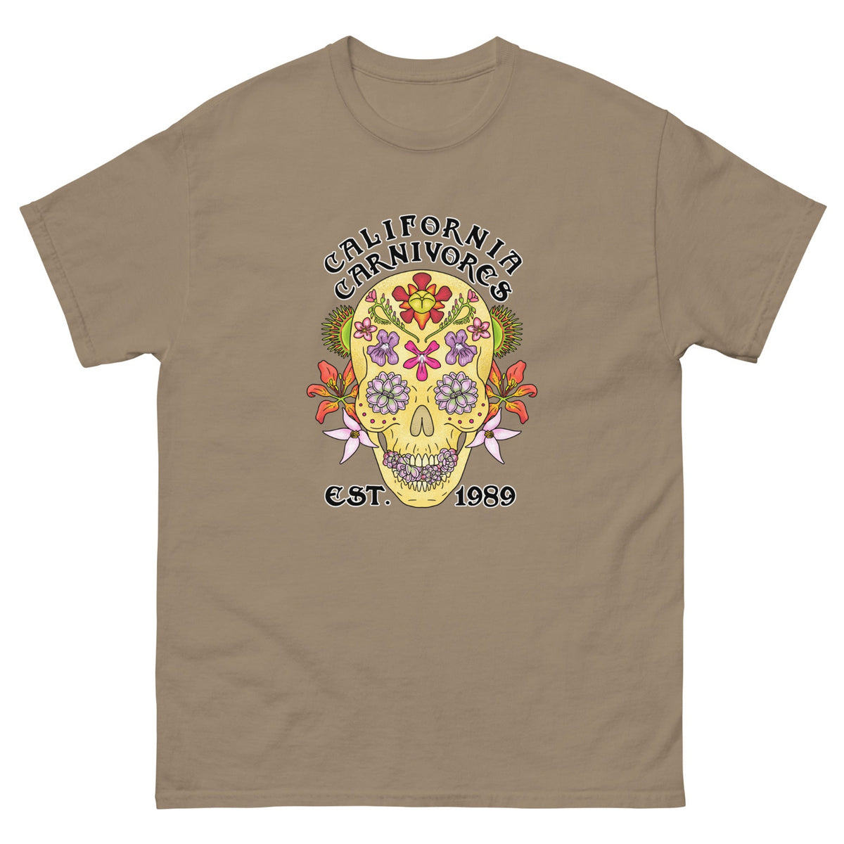 Brown t-shirt with a colorful skull design and text on a white background