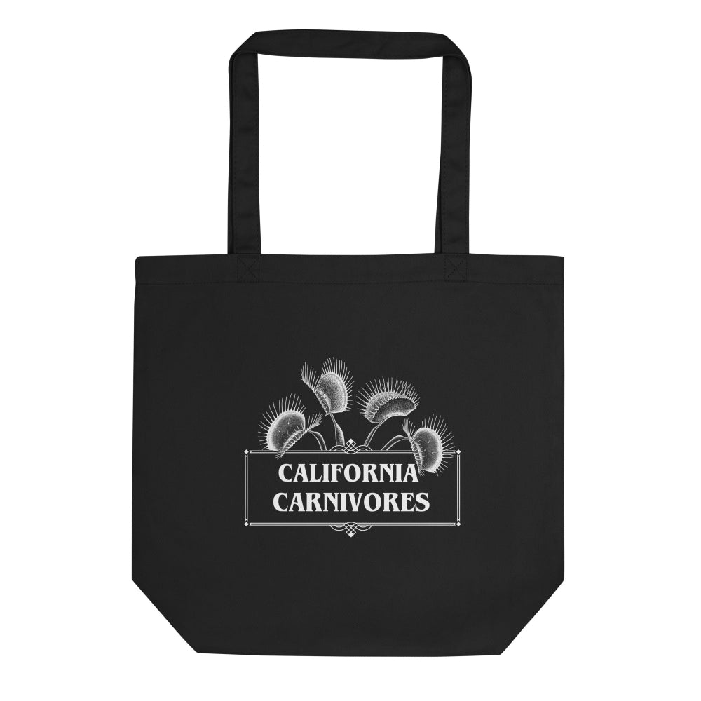 Black tote bag with 'California Carnivores' design on a white background