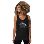 Woman wearing a black tank top with a California Carnivores logo on a white background
