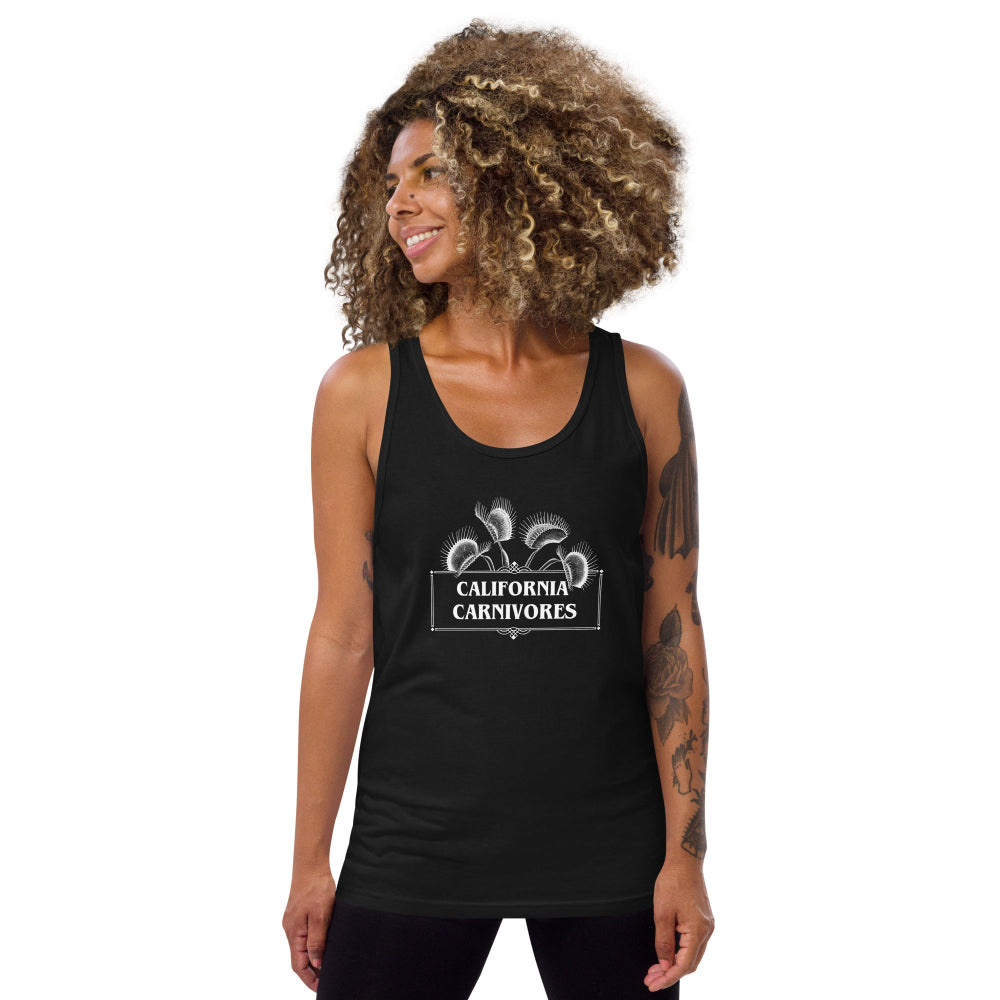 Woman wearing a black tank top with a California Carnivores logo on a white background