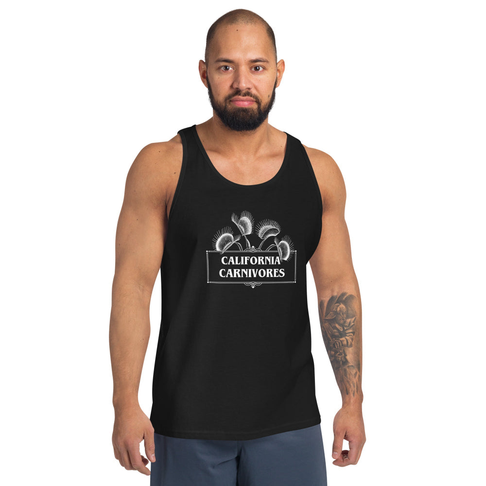 Man wearing a black tank top with 'California Carnivores' logo on a white background
