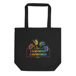 Black tote bag with rainbow 'California Carnivores' design on a white background