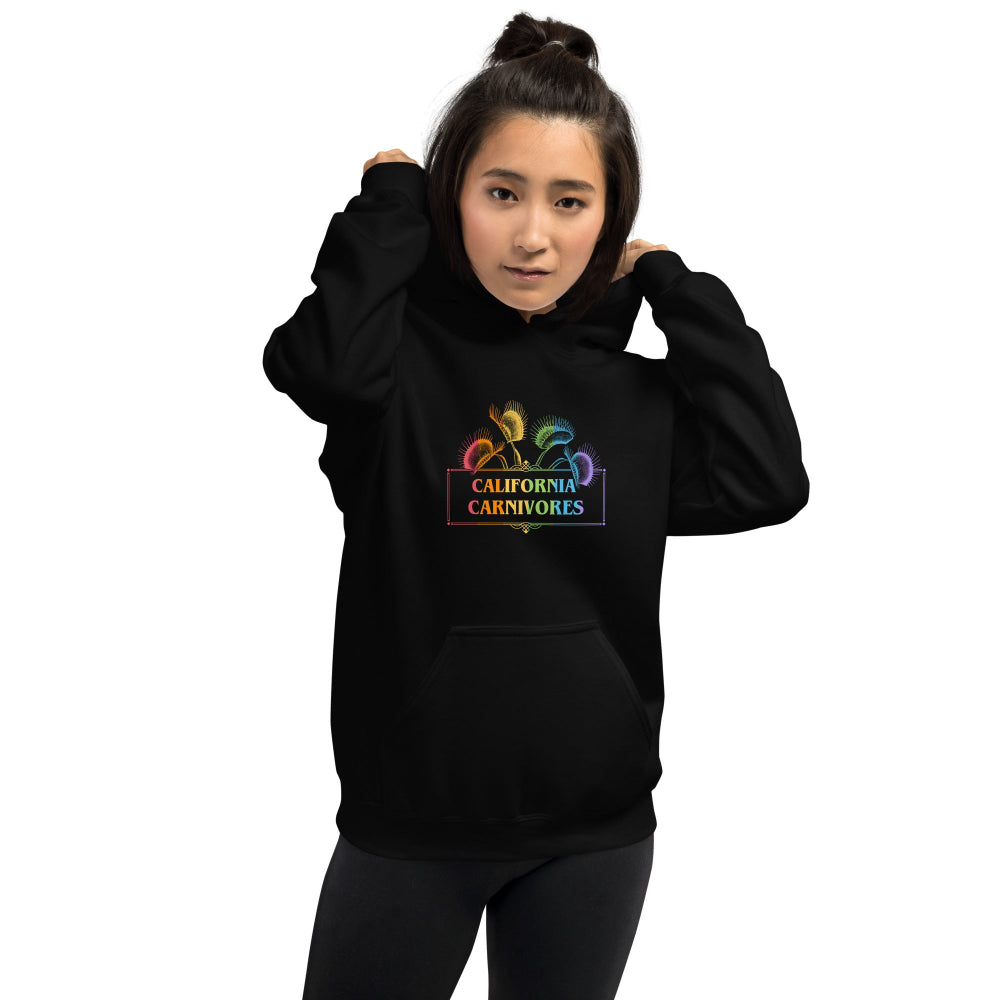 Person wearing a black hoodie with 'California Carnivores' logo on a white background