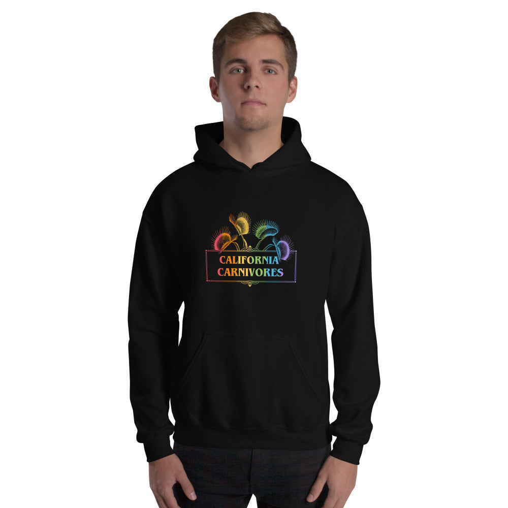 Person wearing a black hoodie with 'California Carnivores' logo on a white background