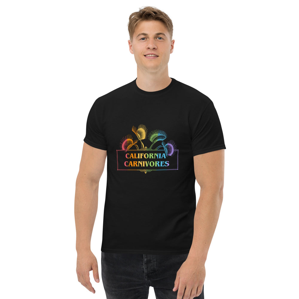 Person wearing a black t-shirt with 'California Carnivores' logo on a white background