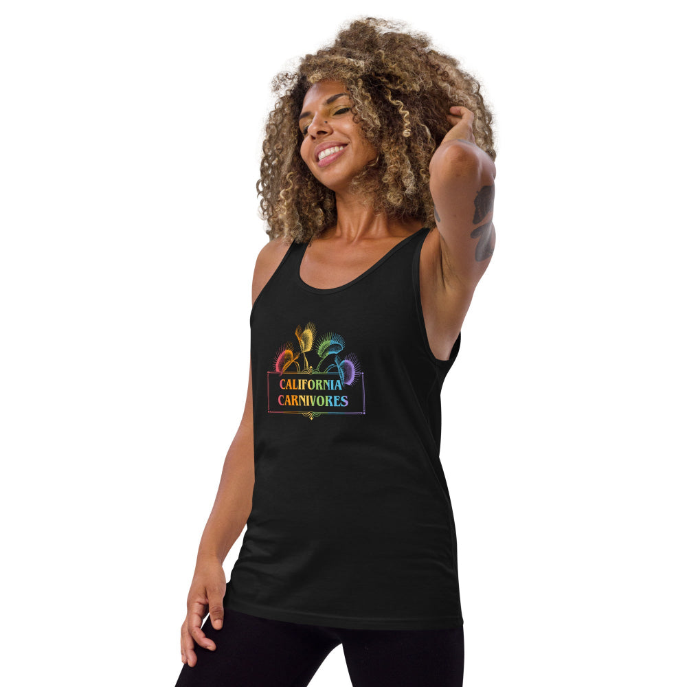 Woman wearing a black tank top with 'California Carnivores' logo on a white background