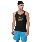 Man wearing a black tank top with colorful design and blue shorts on a white background