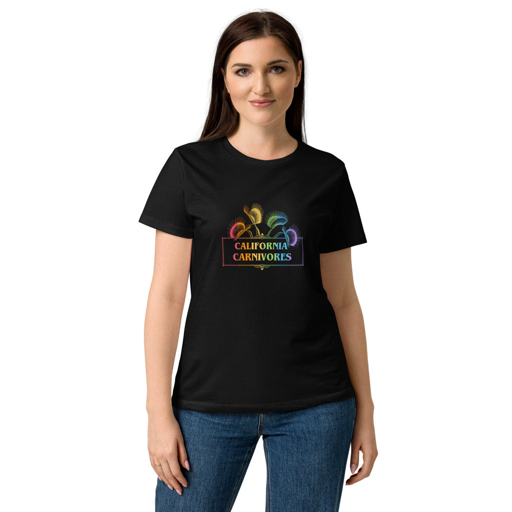 Woman wearing a black t-shirt with 'California Carnivores' graphic design on a white background