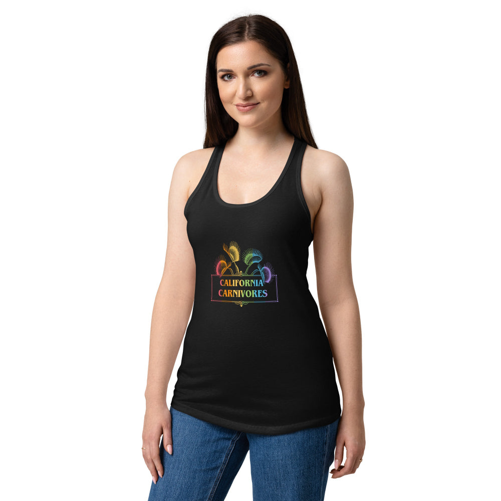 Woman wearing a black tank top with 'California Carnivores' printed on it against a white background