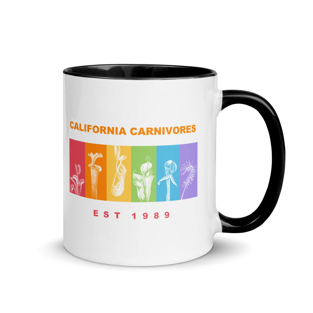 White mug with black handle featuring 'California Carnivores' logo and text on a white background