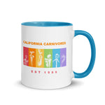 White mug with blue handle and interior, featuring 'California Carnivores' logo and text on a white background.