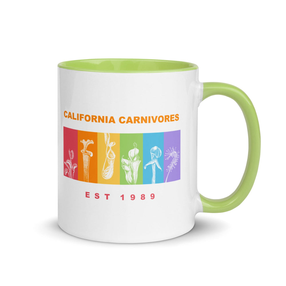 White mug with green interior and handle featuring 'California Carnivores' logo and text.