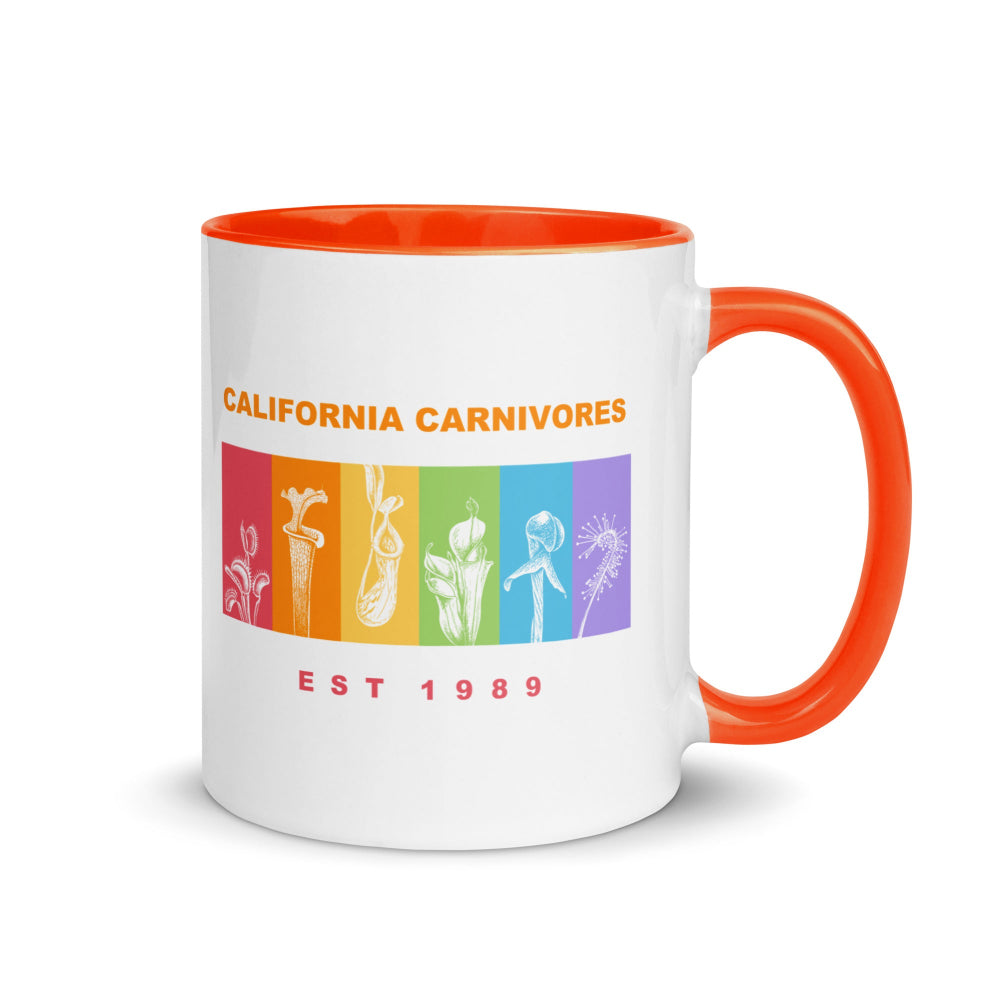 White mug with orange interior and handle featuring 'California Carnivores' logo and text.