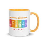 White mug with yellow interior and handle featuring 'California Carnivores' logo and text.
