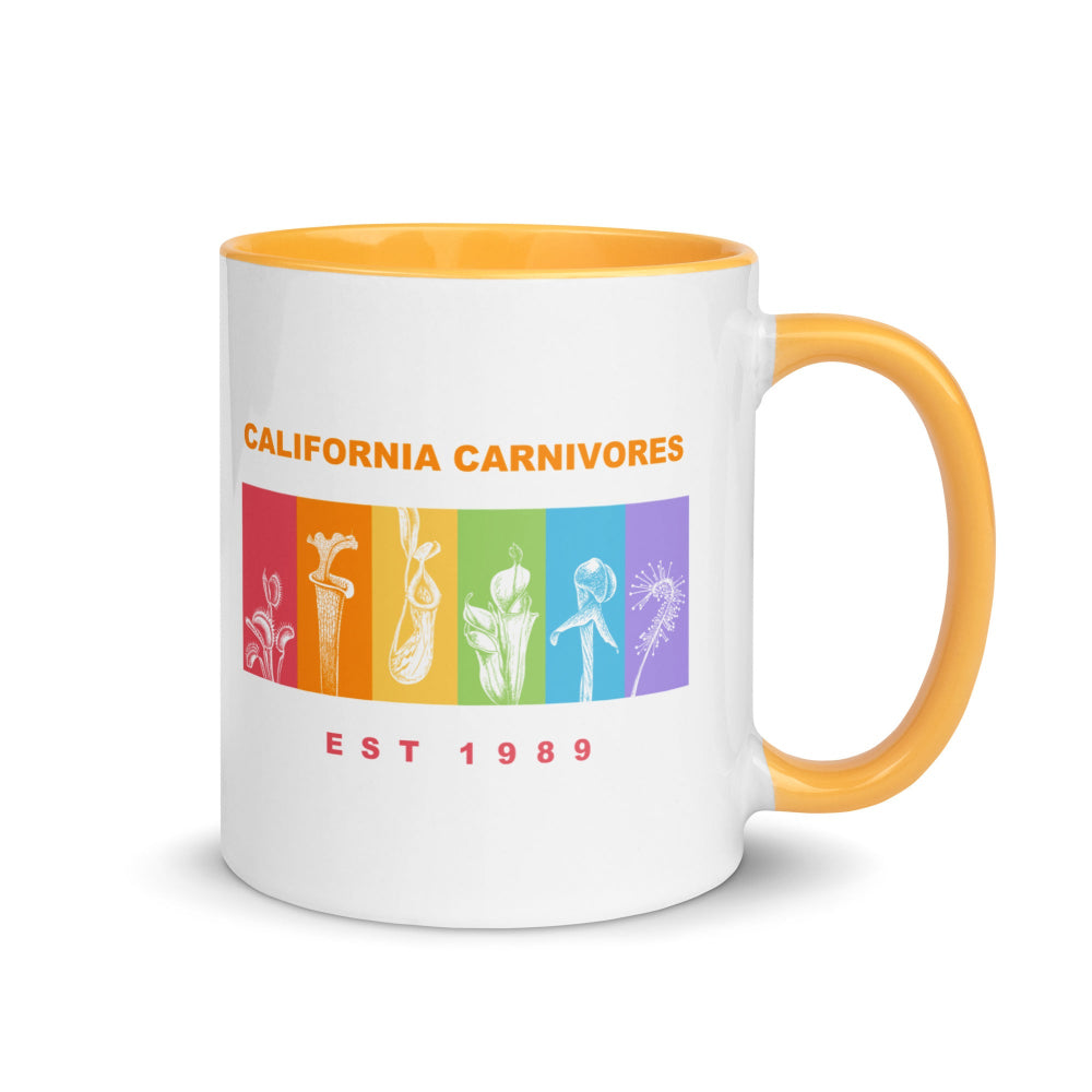 White mug with yellow interior and handle featuring 'California Carnivores' logo and text.