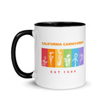 White mug with black handle featuring 'California Carnivores' logo and text on a white background
