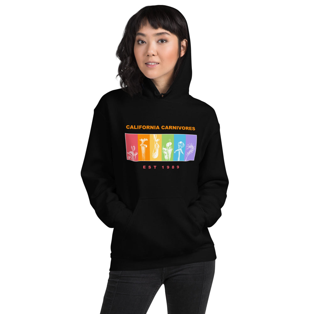 Person wearing a black hoodie with a colorful graphic and text on a white background