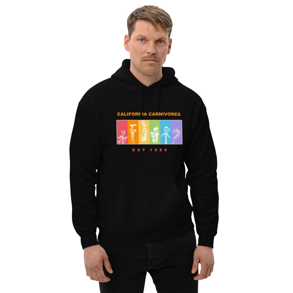 Person wearing a black hoodie with a colorful graphic and text on a white background