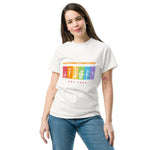 Person wearing a white t-shirt with colorful graphic design on a white background