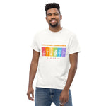 Man wearing a white t-shirt with colorful graphic design and text on a white background