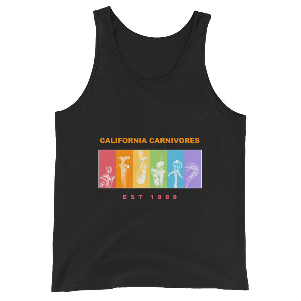 Black tank top with colorful graphic and 'California Carnivores' text on a white background